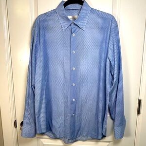 Bugatchi Uomo Blue Retro Polka Dot Men’s Ling Sleeve Button Down Shirt Sz Large